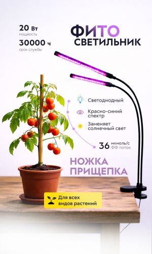 Светильник для растений на прищепке ЭРА ФИТО-20W-АLED-RB